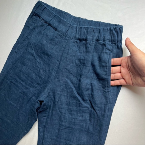 LINEN FOX blue linen slim straight leg elastic waist pants - Picture 2 of 10